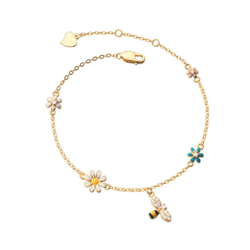 

GREEN PURPLE S925 Silver Bee Bracelet Thin Chain Flowers Handmade For Women Silver Bracelet Fine Luxury Jewelry Gift Drop