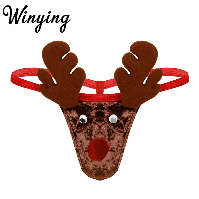 

Men Novelty Christmas Underwear Reindeer Cosplay Fancy Costume Festival Rave G-Strings Brown Soft Velvet Sexy Thongs Underpants