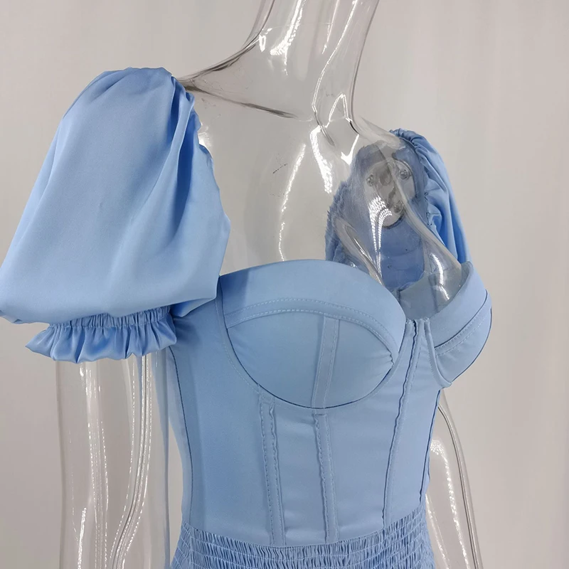 

Sexy Square Neck Hip Ruffle Dress Solid Color Short Sleeve Backless Women Summer 21 New Fashion Feminina Apricot Blue CX1498