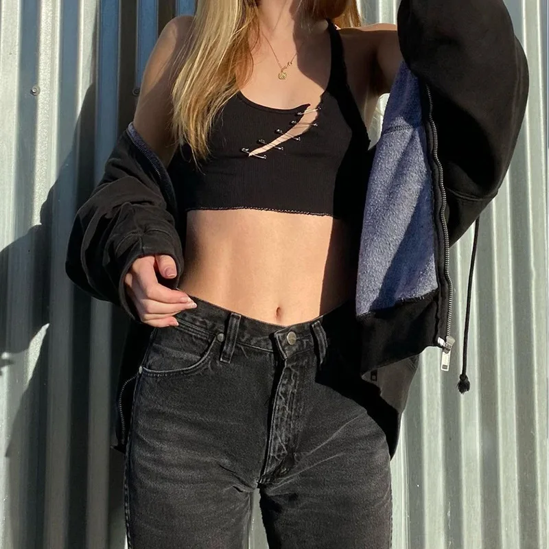 

UETEEY Whatiwear 2021 Spring Knit Hole Crop Tops Sleeveless Y2k Casual Chic Ribbed Skinny Shirt Streetwear Femme Basic Vest