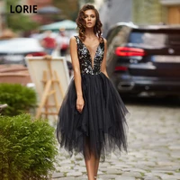 lorie short evening dresses black spectacular decor tea length sequined tulle prom party gowns dresses for teens free shipping