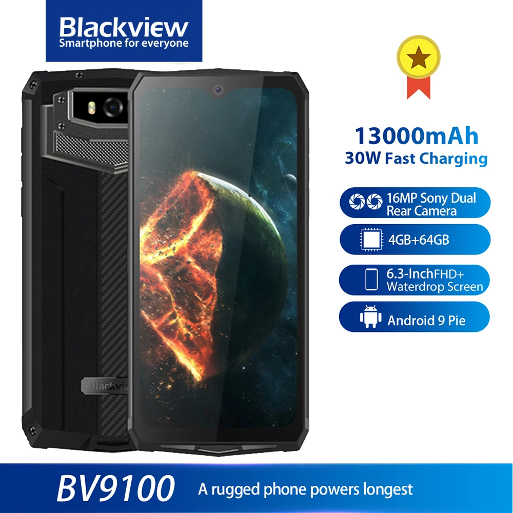 Смартфон Blackview BV9100 защищенный IP68 6 3 дюйма FHD + 13000 мА · ч 4 64 ГБ Helio P35 8 ядер Android
