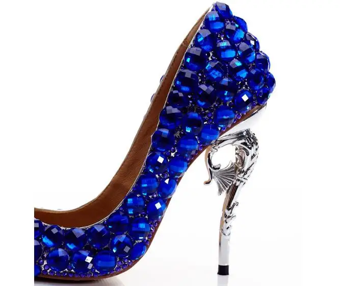 Женские туфли из натуральной кожи синие вечерние Фли-лодочки с острым носком на