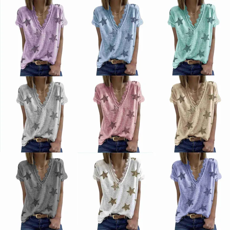 Женская футболка с коротким рукавом V-образным вырезом и кружевом - купить по