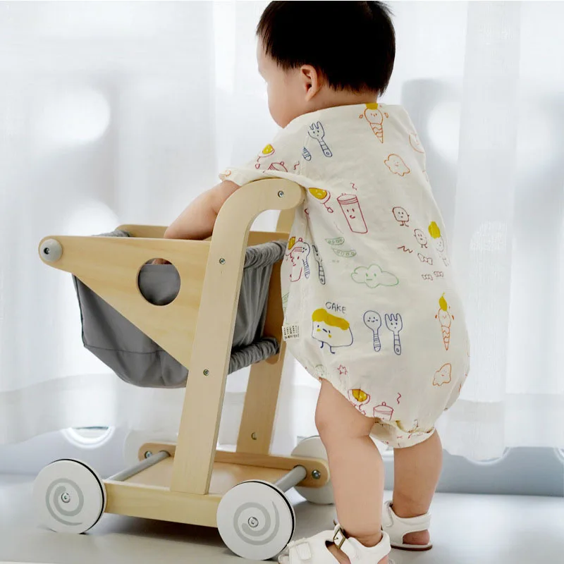 Carrito de compras de simulación para niños, carrito de madera con soportes de cesta de almacenamiento, juguete para bebé, andador para caminar, decoración de almacenamiento para el hogar