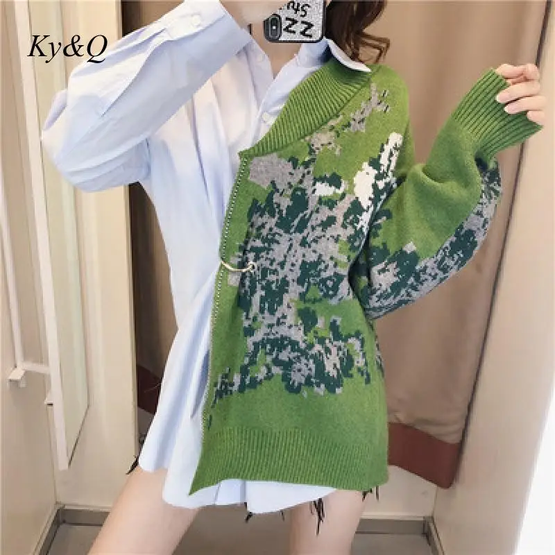 [High quality version] Brand Design Asymmetrical Women Tops Long-sleeved Knit Sweater Shirt Patchwork 2021 new Chic Clothes | Женская