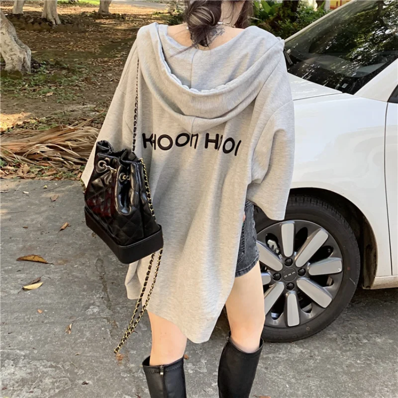 

2021 New Women Autumn Oversize Zip Up Sweatshirt Jacket Coat Hooded Letter Print Long Hoodies Loose Outwear Overshirt