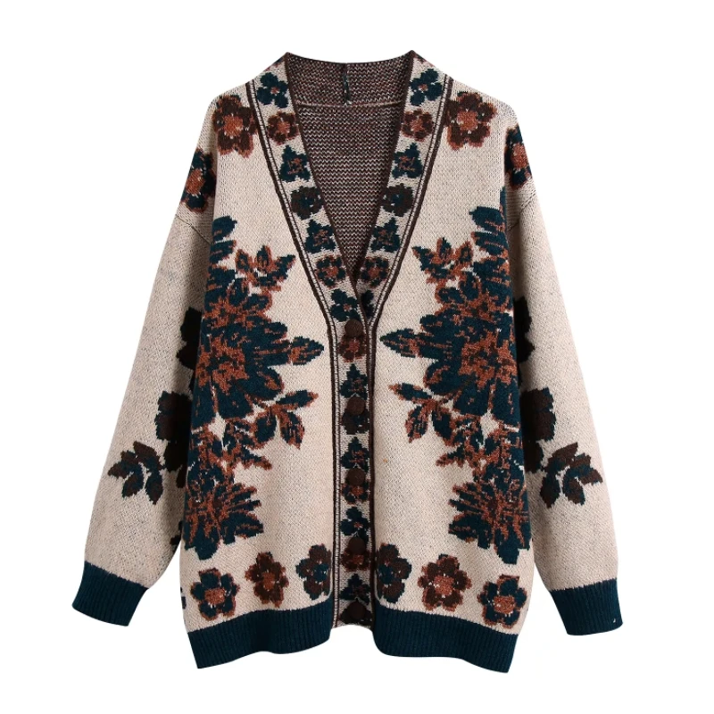 

Hot Sale Women Flower Jacquard Knitted Short Sweater Female V Neck Long Sleeve Pullover Casual Lady Loose Tops SW1322