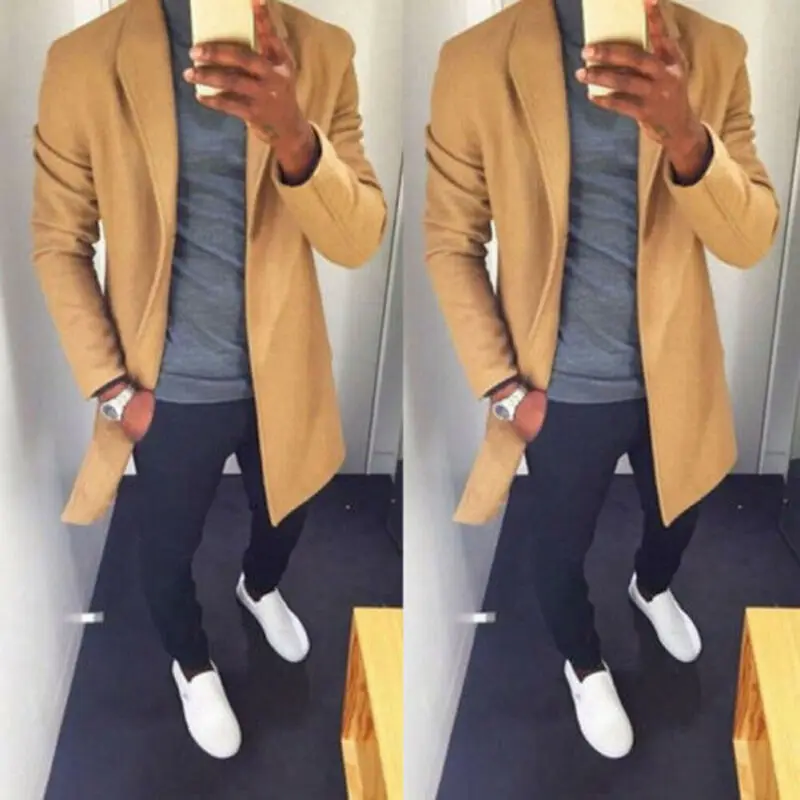 

NEW Autumn Winter Men Casual Coat Thicken Woolen Trench Coat Business Male Solid Classic Overcoat Medium Long Jackets Tops
