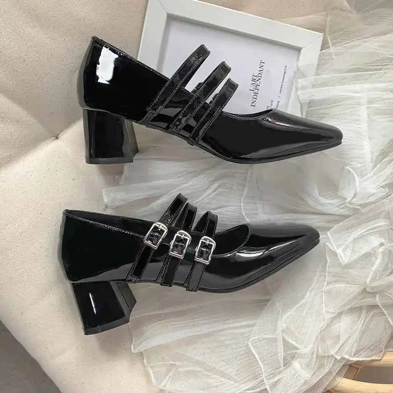 

Krazing Pot cow leather buckle straps vintage design mary jane med heels square toe elegant lady beauty dinner party pumps Lwf8
