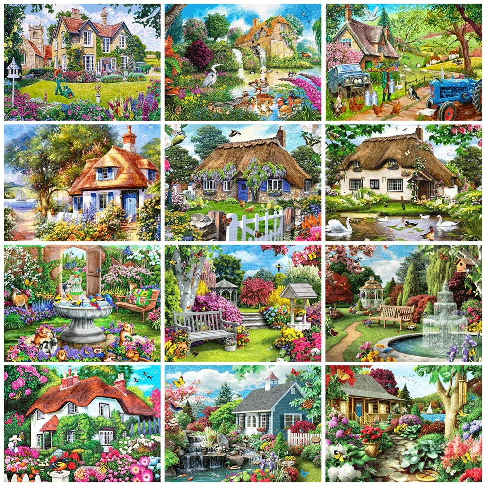 

HUACAN 5D Diamond Painting Garden House Diamond Mosaic Landscape Full Embroidery Kits Decoration For Home