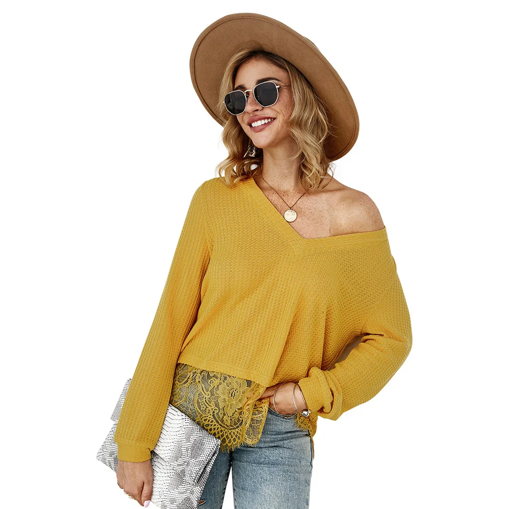 

Women Long Sleeve T-Shirts Patchwork Hollow Out Design Lace Decor See V-Neck Solid Top Elegant Lady Autumn Slim