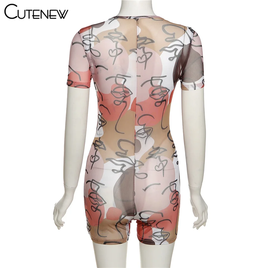 

Cutenew Sexy Mesh Hollow Out Printing Skinny Playsuits Women Clothes Summer Casual Stretchy Bandage Short Sleeve Lady Streetwear