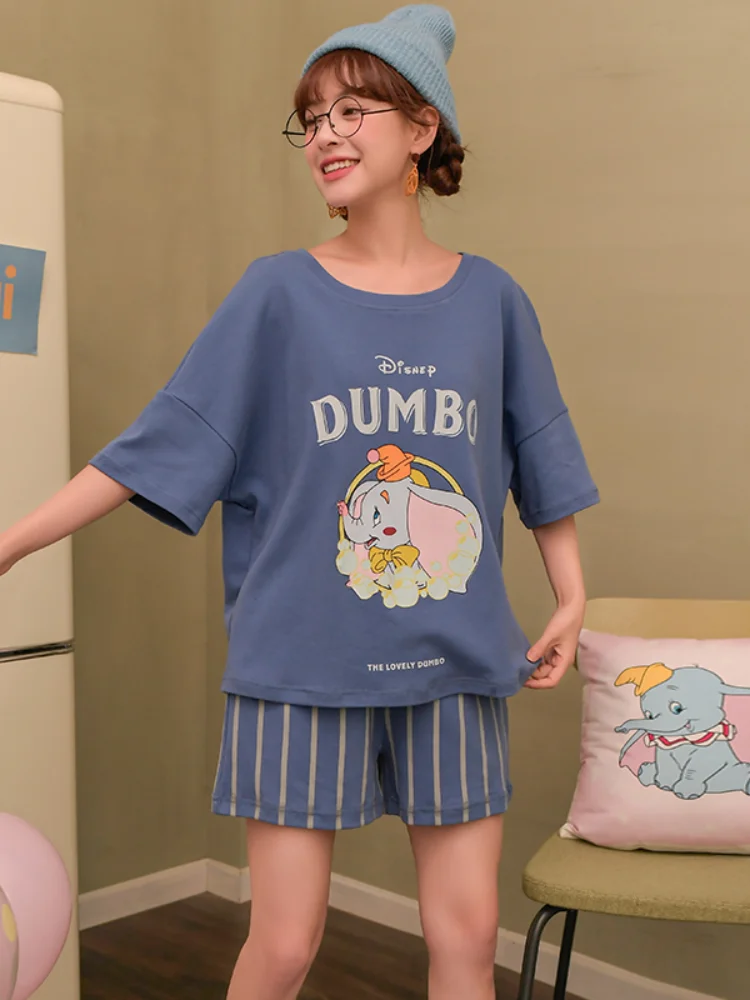 Disney Summer Cotton Pajamas Women's Short Sleeve Shorts Kawaii Dumbo Letter Print Cute Cartoon Home Suit Pajama Sets Women