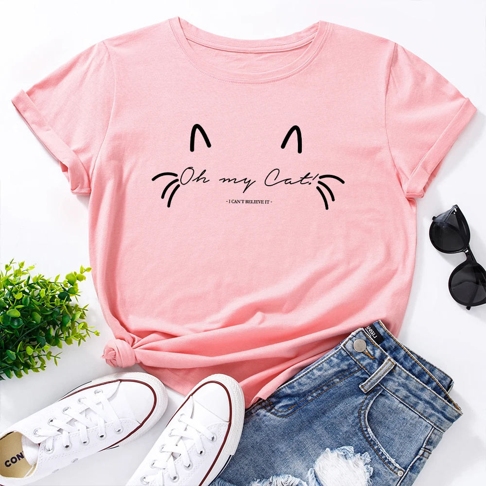 

Women Short Sleeve Cotton T-Shirts Graphic Tees Tops Streetwear Summer Loose Oversized Clothes Oh My Cat Printed Funny Shirt