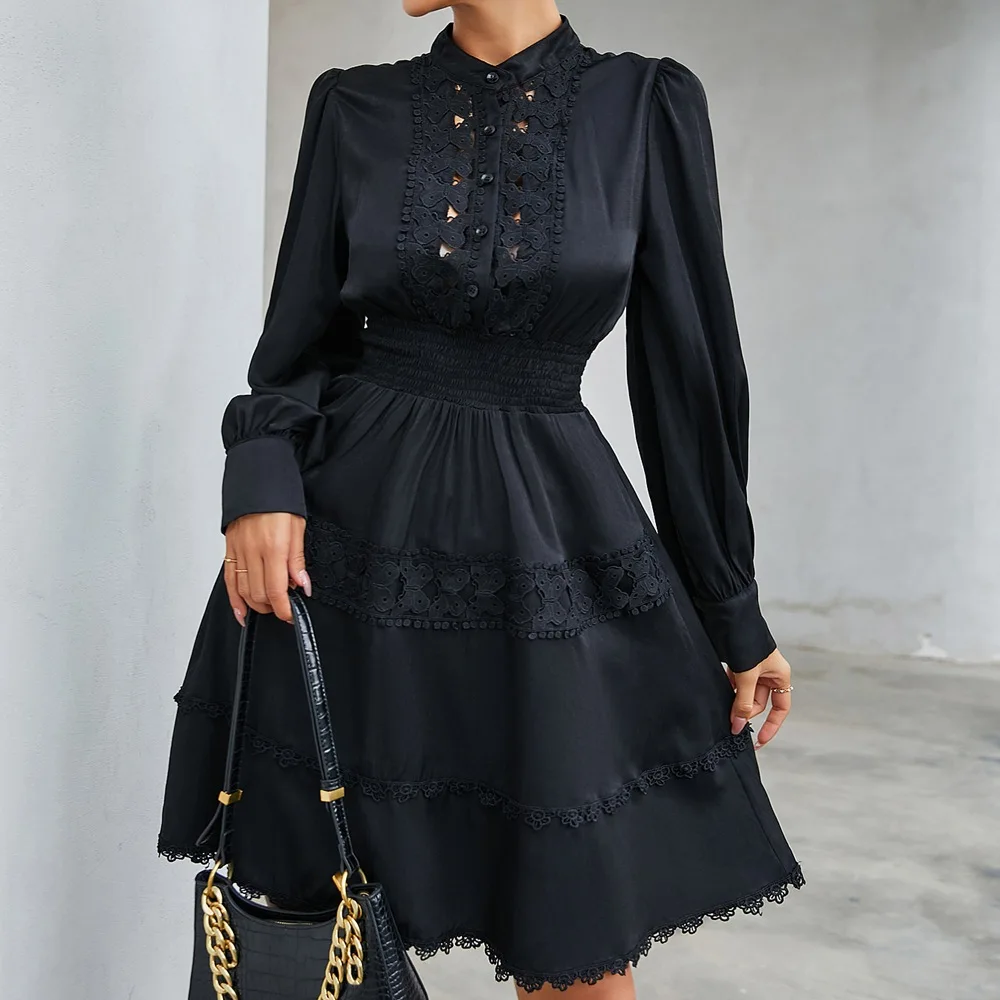 

Autumn Wear Street Style Hollow Butterfly Long-sleeved High-waist A-line Skirt Women Spring Clothing Birthday Party Black Dress