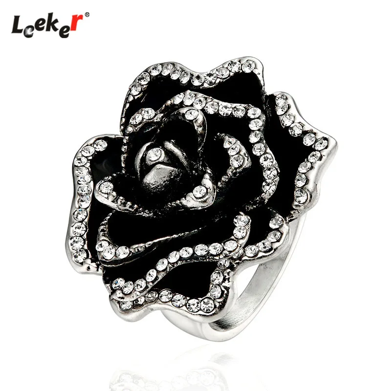 Женское кольцо LEEKER черное в виде цветка винтажное серебряное аксессуары 161