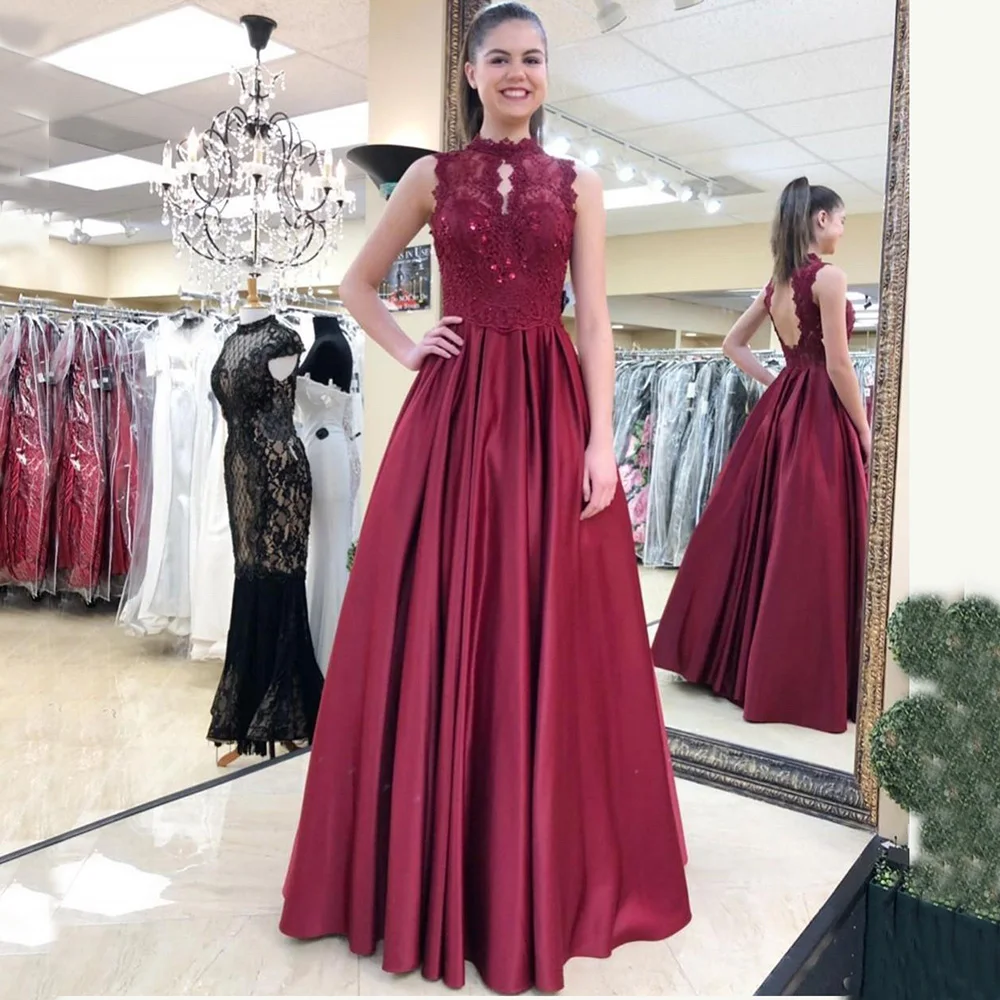 

Burgundy Lace Satin Mother of the Bride Dress High Neck Hollow Back A Line Long Evening Prom Wedding Party Gowns Formal Occasion