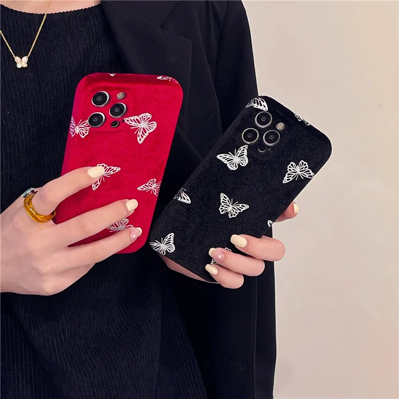 

Winter Plush Black Red Flannel Butterfly Soft Case for IPhone 11 12 Pro Max X XS XR XS Max 7 8 Plus Lovely Protection Back Cove