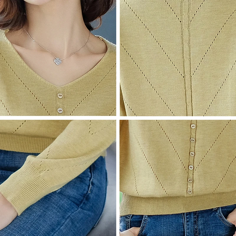 

Loose V-Neck Pullover Women Solid Button Patchwork Long Sleeve Knitwear Tops Casual Spring Large Size Knitted Sweater Female