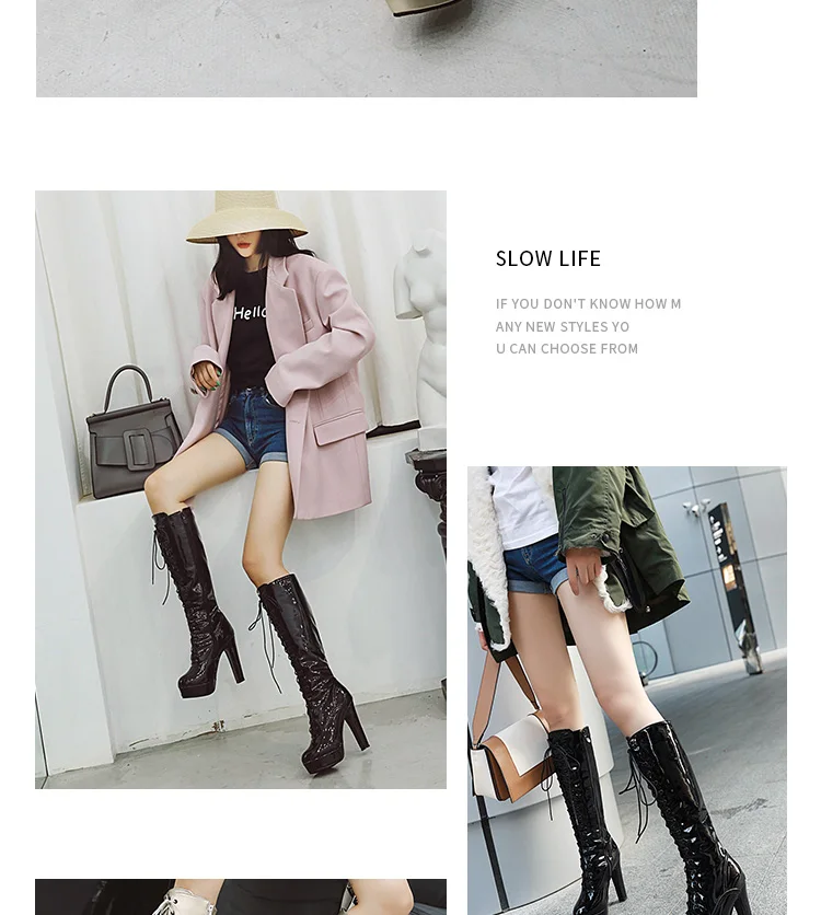 ANMAIRON PU Knee-High Round Toe Boots Women Super High Square Heel Winter shoes Zip Cross-tied Thigh High Boot Solid Short Plush