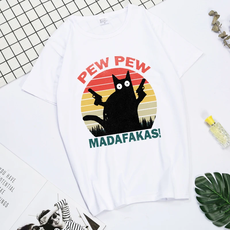 

T-Shirt Oversized Pew Pew Madafakas Murderous Black Cat With Gun Funny Print Women Harajuku Halloween Femme Tshirt Tops Tee