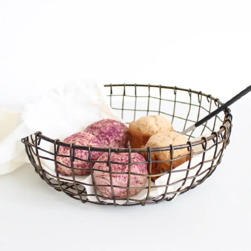 

Round Retro Copper Basket Storage Fruit Snack Bread Office Desktop Storage Box Basket Retro Family Sundries Basket Decoration