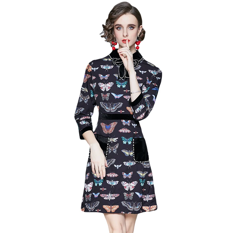 

Willstage Women Dress Butterfly Velvet Patchwork Dresses Vintage Elegant Female Clothes Slim Vestidos 2021 New Spring