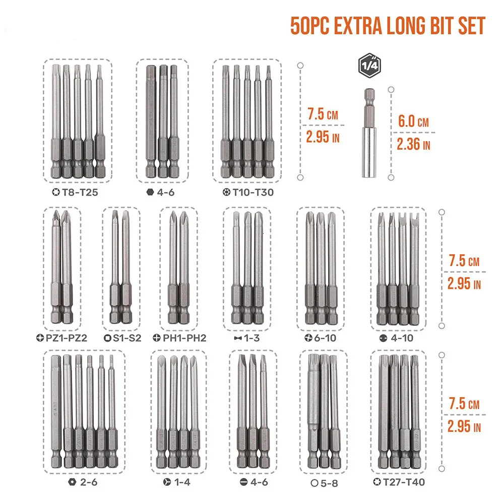 

Hi-Spec 50pc 75mm Extra Long Screwdriver Set Hex Torx Security Long Screwdriver Bits Ratchet Screwdriver Bit Set Tool Set