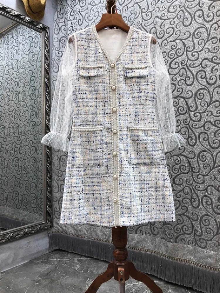 

High Quality New Wool Dress 2021 Autumn Winter Fashion Clothing Women V-Neck Sexy Tulle Lace Patchwork Long Sleeve Vintage Dress
