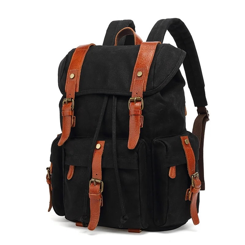 Men's Backpack Vintage Leather Canvas School Bags For Teen Boy Laptop Backpacks College Style Large Capacity Travel Rucksack Bag