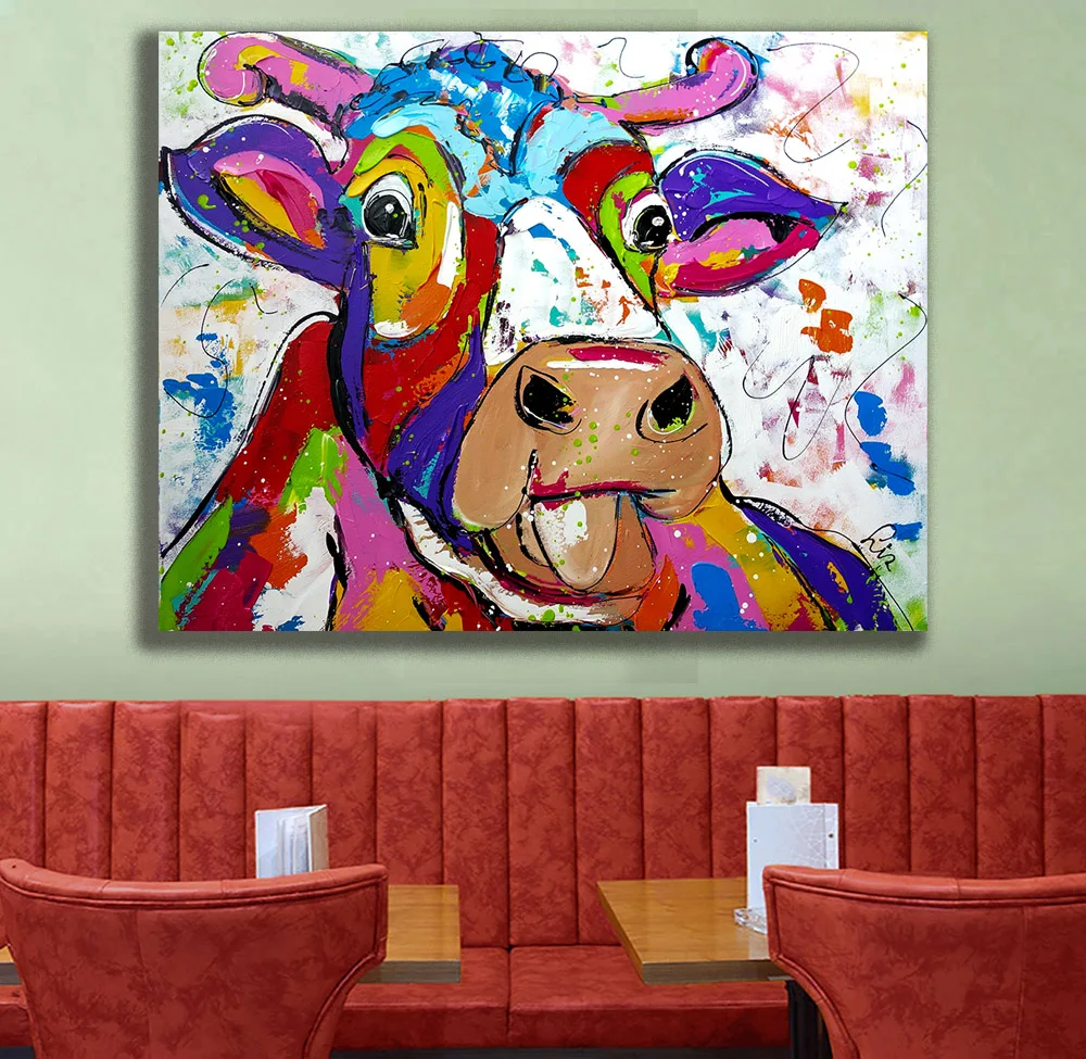 

Wxkoil Graffiti Art Color Cow Wall Art Canvas Painting For Living Room Home Decor Oil Painting Wall Art Picture No Framed