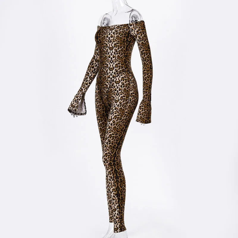 

Cheetah Print Sexy Rompers Playsuit Spring Clothes Women Clubwear Off-Shoulder Long Sleeve Slim Bodycon Jumpsuit D70-BD18