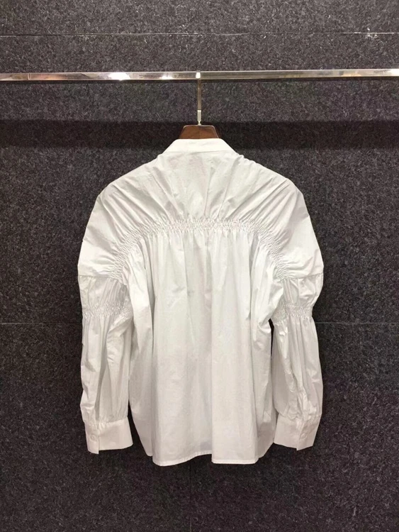 

2021 spring and summer new women's round neck pleated back pleated decoration solid color long sleeve versatile shirt 316
