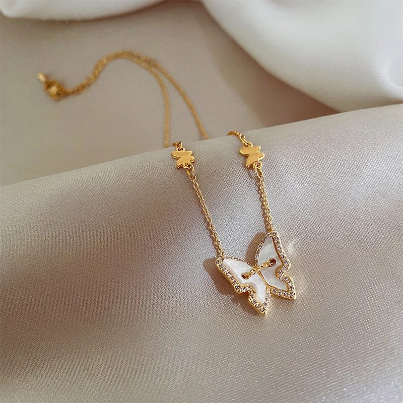 

925 Sterling Silver Shell Butterfly Necklace for Women Gold Color Charms Clavicle Chain Necklaces Wedding Party Jewelry Gift