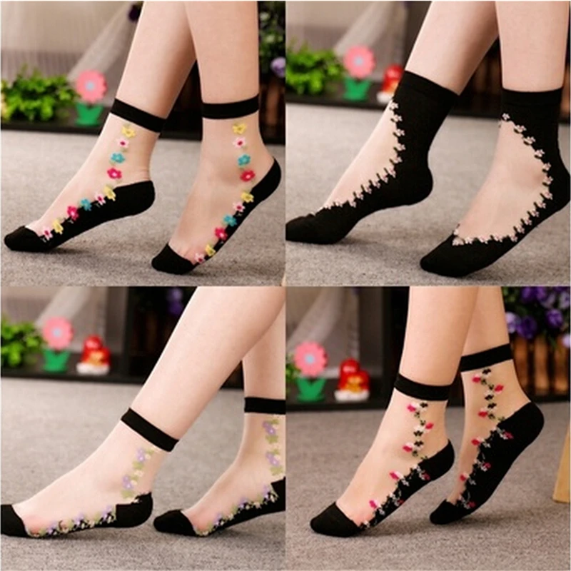 

Fashion Women Lace Socks Crystal Glass Silk Short Thin Transparent Flower Socks