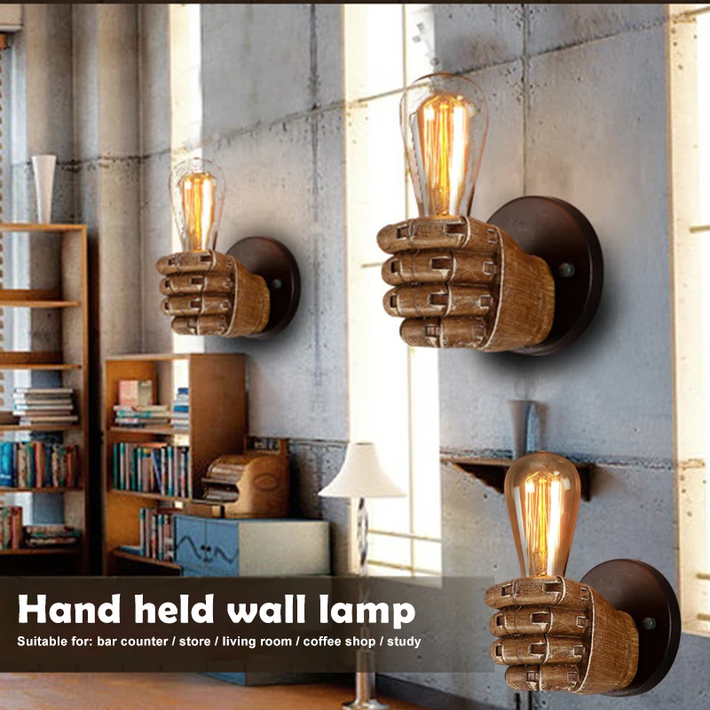 

Handheld Wall Lamp Holder Vintage Fist Hand Held Vanity E27 Light Rack Loft Retro Living Room Bedroom Decor Led Mural Chambre