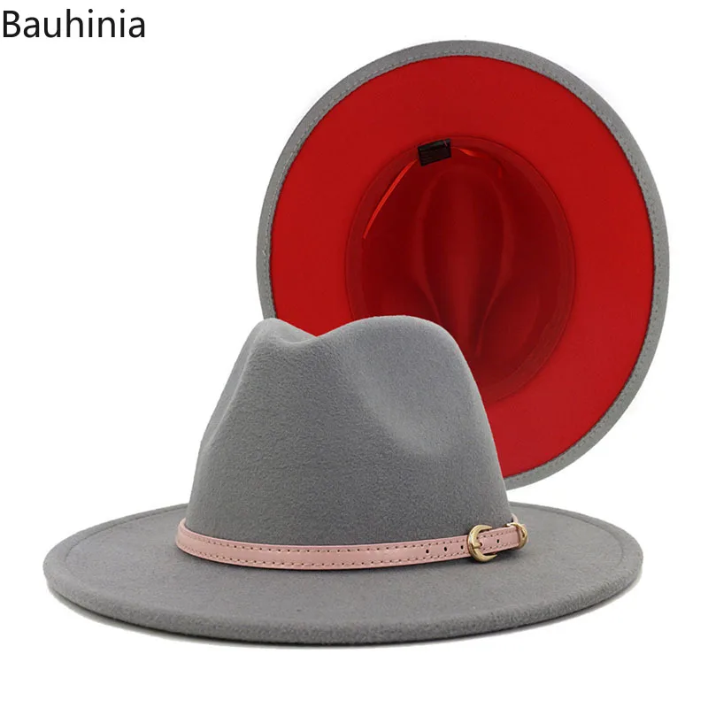 

Panama Outer Gray Inner Rosy Patchwork Men Wide Brim Felt Hats Lady Vintage Fedora Jazz Cap Autumn Winter Casual fashion hat