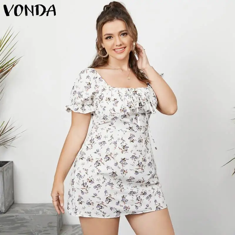 

Модное летнее платье VONDA, повседневные винтажные Мини-платья с квадратным вырезом и цветочным принтом, богемные платья, пляжный сарафан 5XL