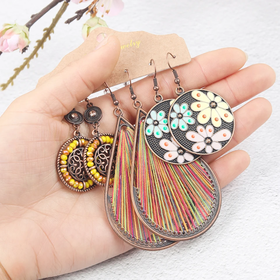 Vintage Boho Tassel Earrings Set For Women Brincos Big Round Dreamcatcher Flower Drop 2020 Charm Ethnic Jewelry | Украшения и