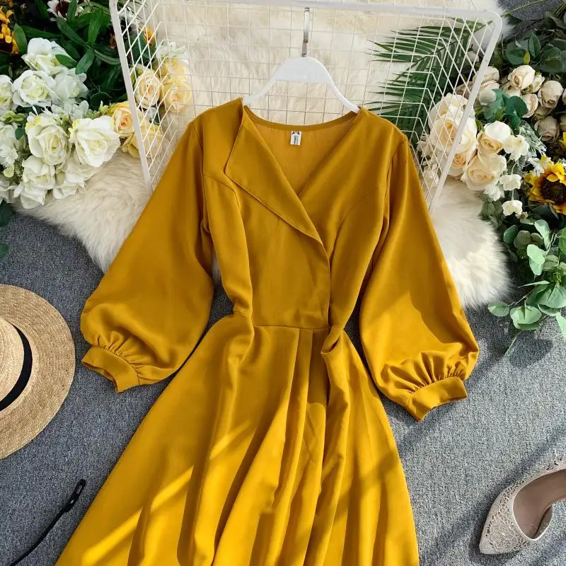 2020 Fashion Spring Summer Chiffon Slim V Neck Puff-Sleeve Belt Dress Beach Party Evening Women Casual Elegant Vestidos | Женская одежда