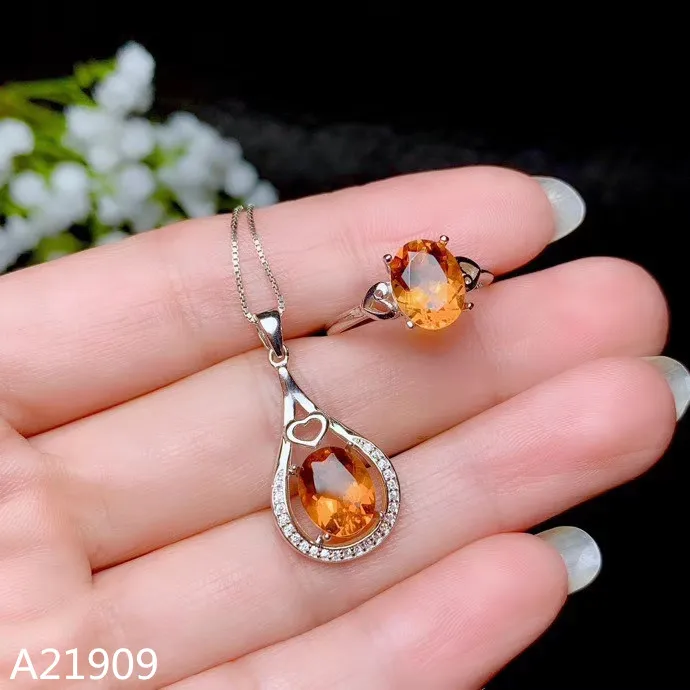 

KJJEAXCMY boutique jewels 925 sterling silver inlaid natural citrine gemstone female pendant necklace ring set support detection