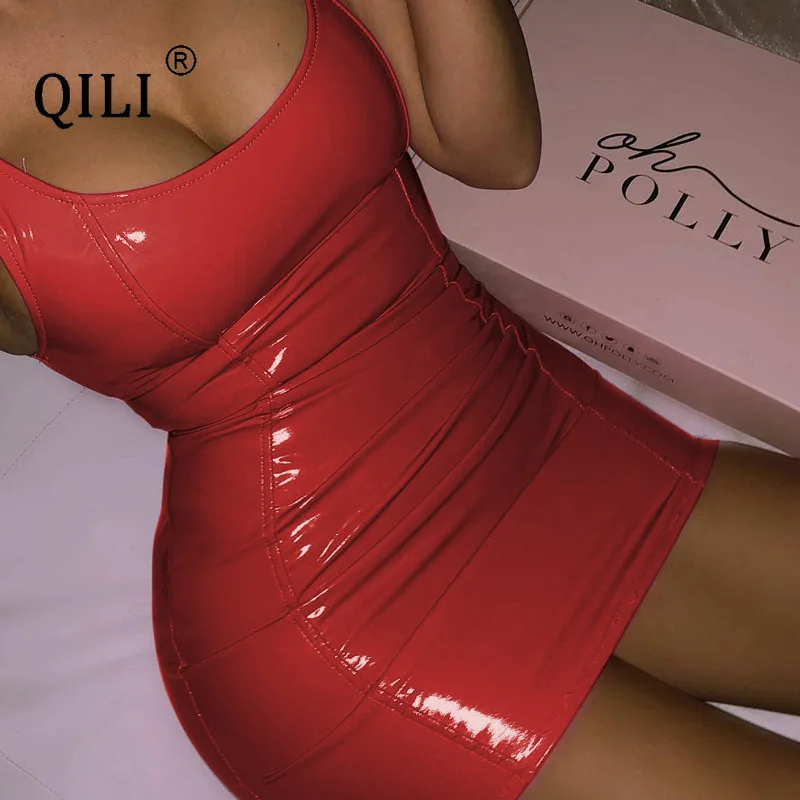 QILI женское платье из искусственной кожи сексуальное с круглым вырезом и рукавом