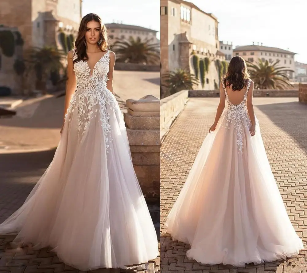 

Elegant Lace Appliques Wedding Dress Sexy Backless Tulle Bridal Wedding Gowns A Line Bride Wedding Dress Plus Size vestido noiva