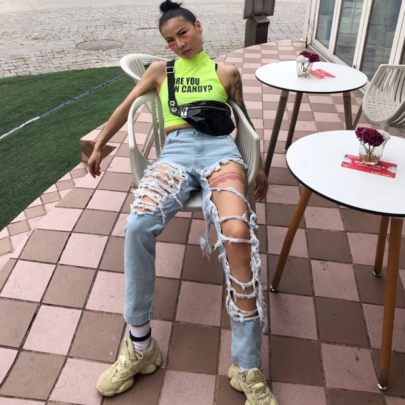

CHICEVER Denim Trouser For Women High Waist Ripped Hole Tassel Jeans Female Large Size Streetwear Fashion 2020 Spring Clothes