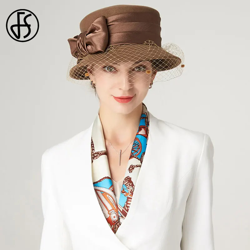 FS зимние шапки для женщин вязаные шерстяные Черные вуали шляпа котелок с