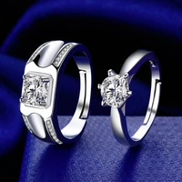 2pcsset adjustable classical silver plated cubic zirconia heart crystal love couple ring men women romantic wedding jewelry