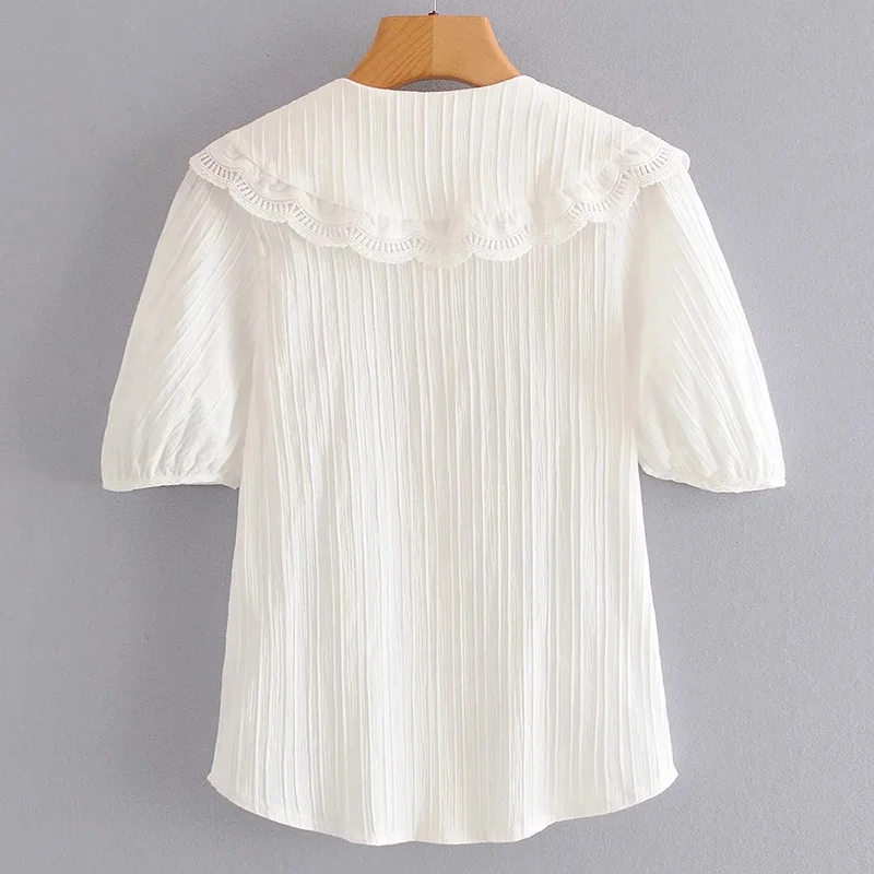 

Woman Elegant Leisure Lace Blouse Top 2021 New Summer Sexy Short Sleeve White Shirt