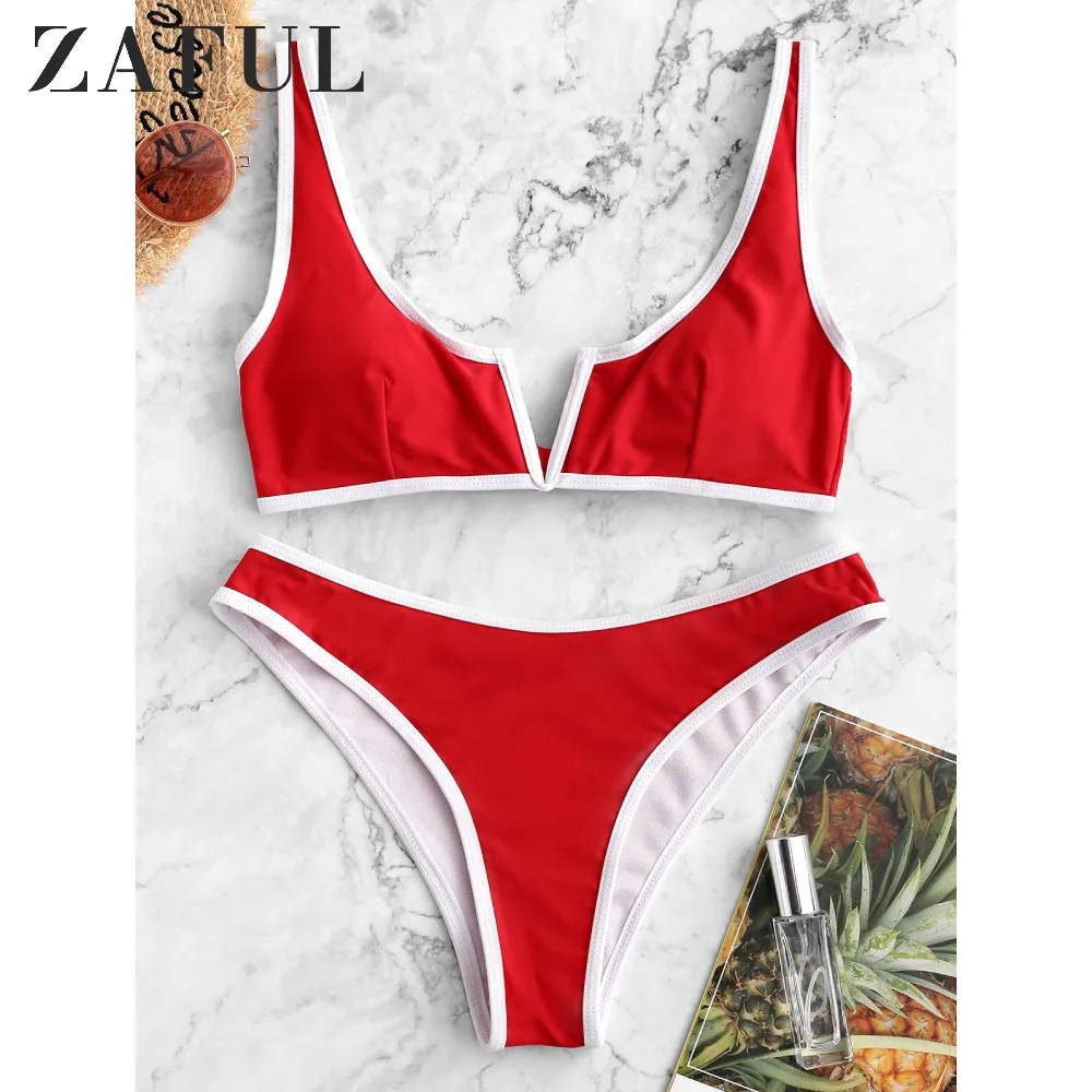Женский купальник бикини ZAFUL с v образным вырезом и со съемной подкладкой