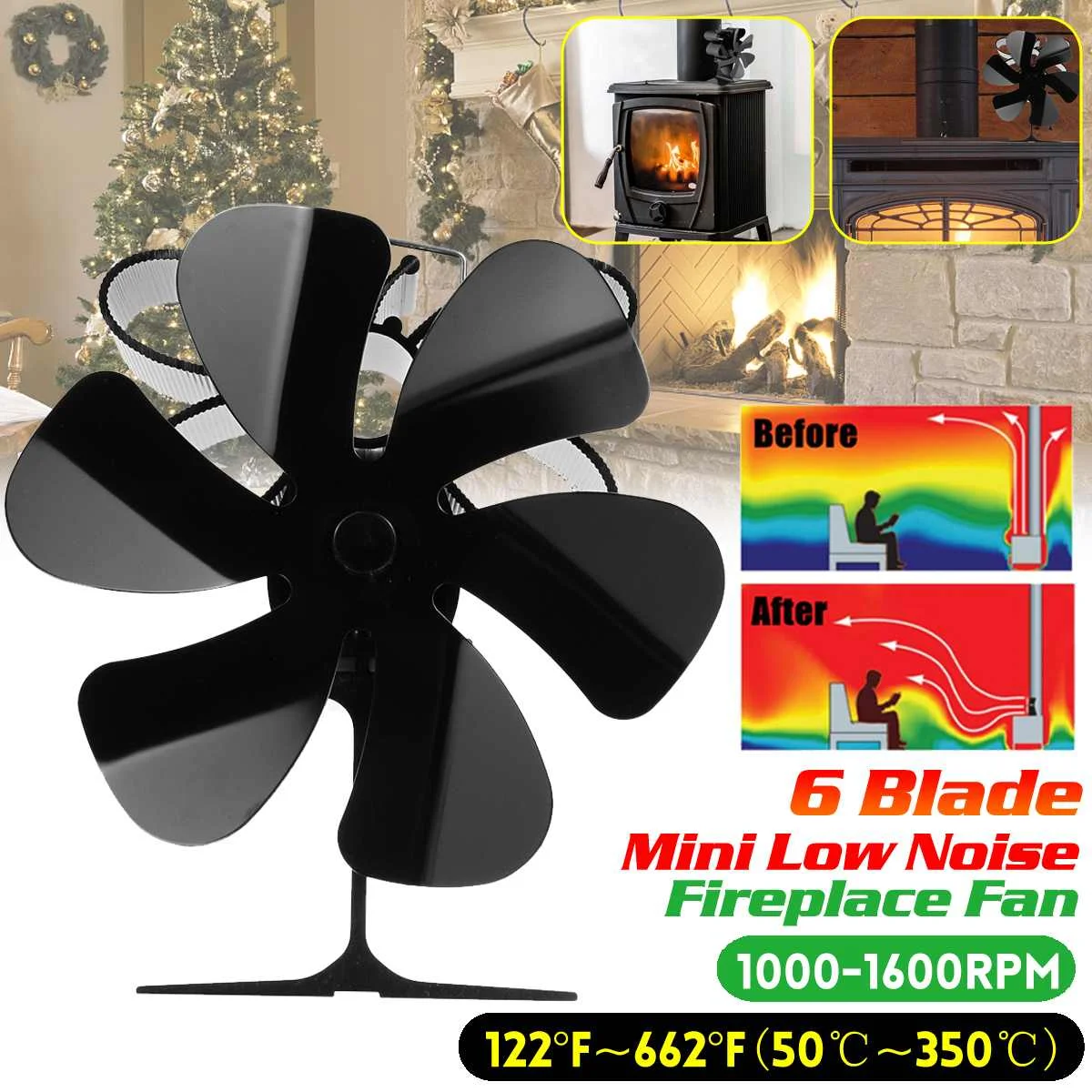 

Black Fireplace Fan 6 Blade Heat Powered Stove Fan Log Wood Burner Eco Friendly Silent Thermal Fan Home Efficient Heat Distribut